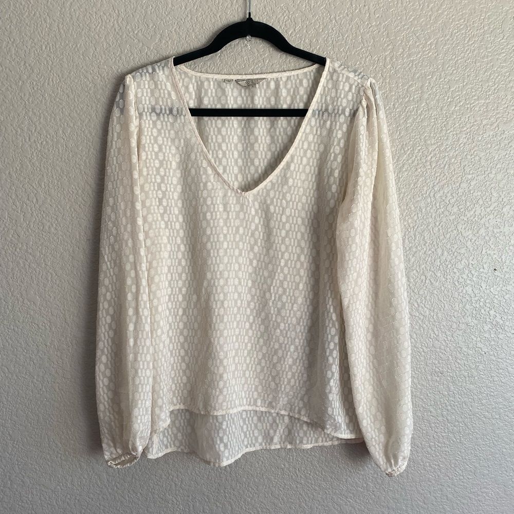 Guess Cream Sheer Textured V-Neck Blouse – Size Large
